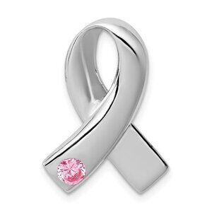925 Sterling Silver with Pink CZ Cancer Awareness Ribbon Necklace Charm Slide